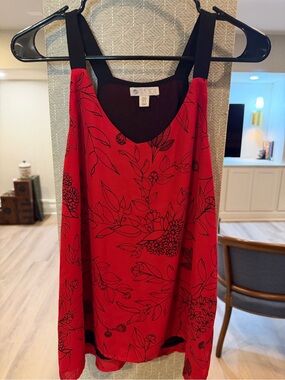 Lela Rose Red & Black Floral V-Neck Cami Top - Size S